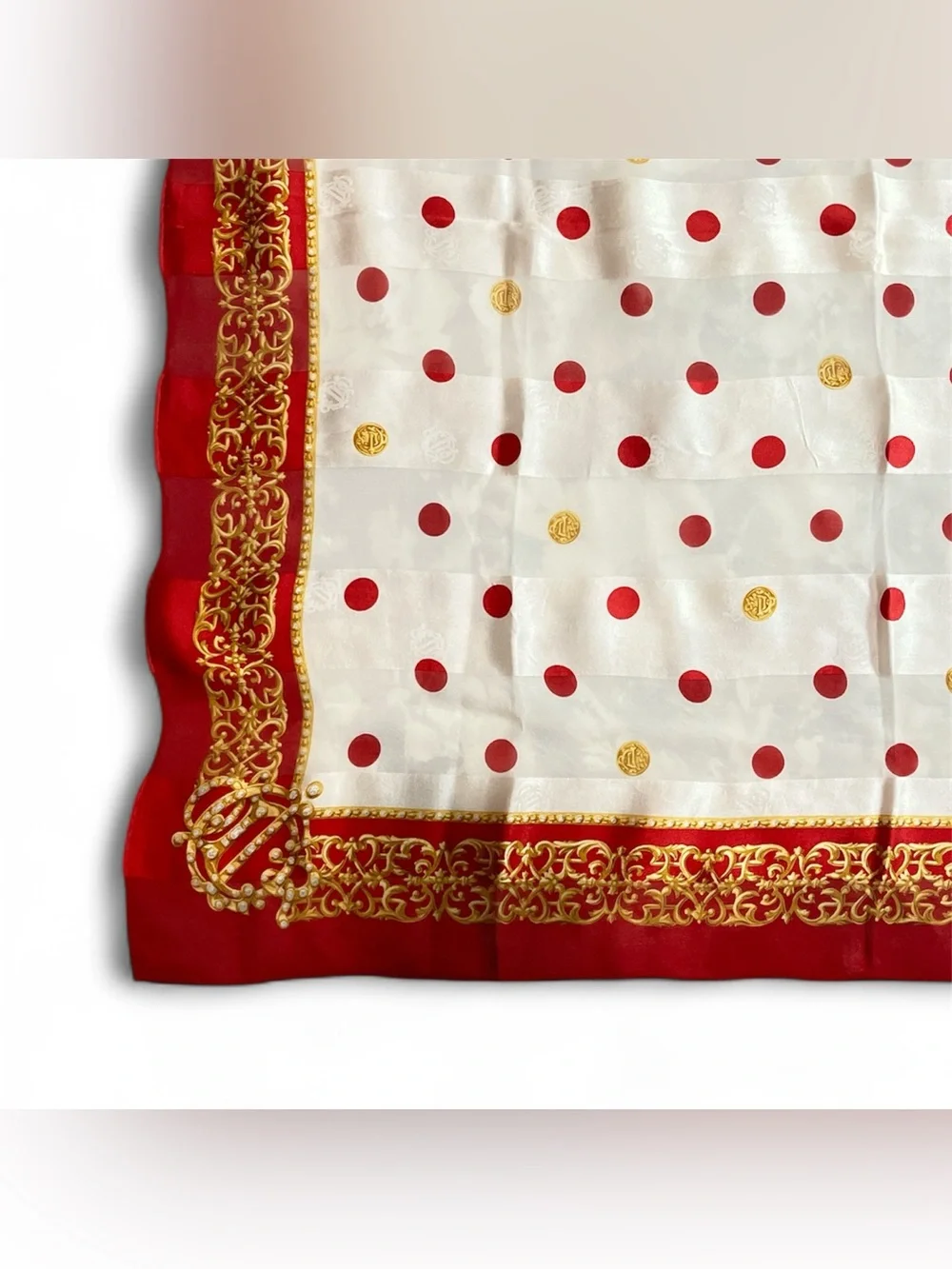 Dior Vintage Silk Chiffon Scarf Red Gold Polka Dot Crown Filigree Jacquard 32